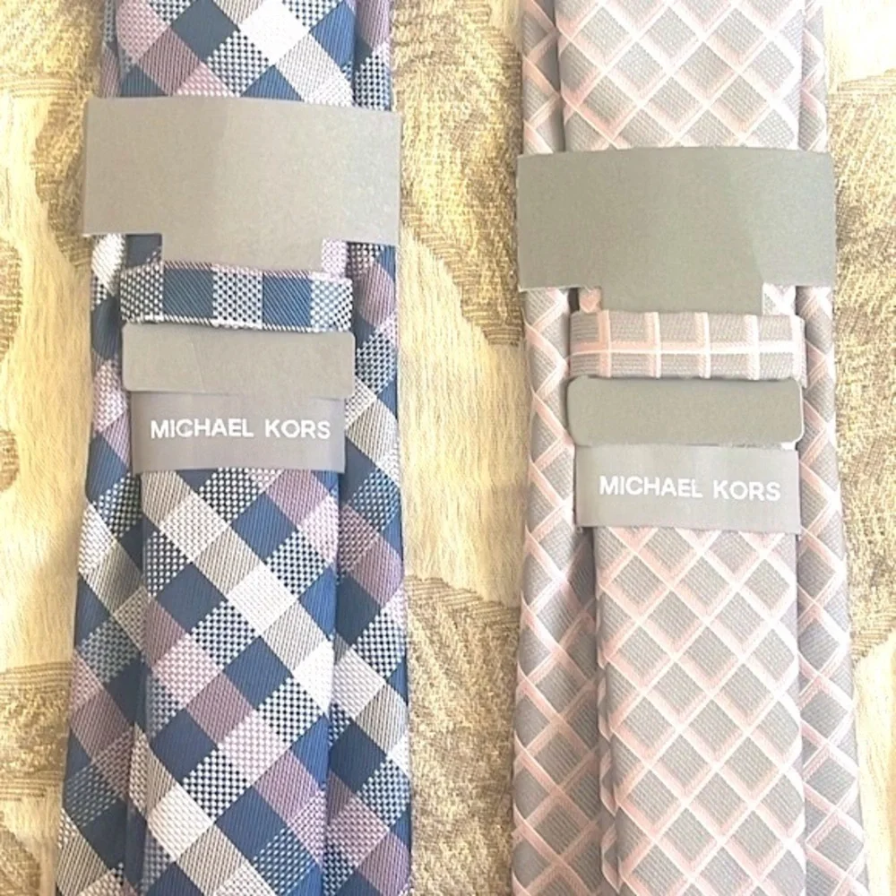 Brand New Michael Kors Set of 2 Ties Checkered Plaid Satin Sheen Business Office